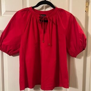 NWOT En Focus Studio Scarlet Red Puff Sleeve Blouse with Gold Beads Size Small